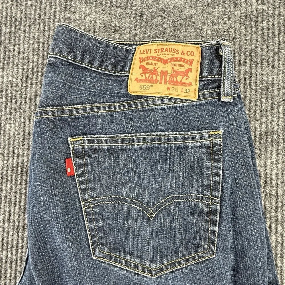 Levi's 559 Series Relaxed Fit 36/32 Straight Blue Dark Wash Denim Jeans, Cotton